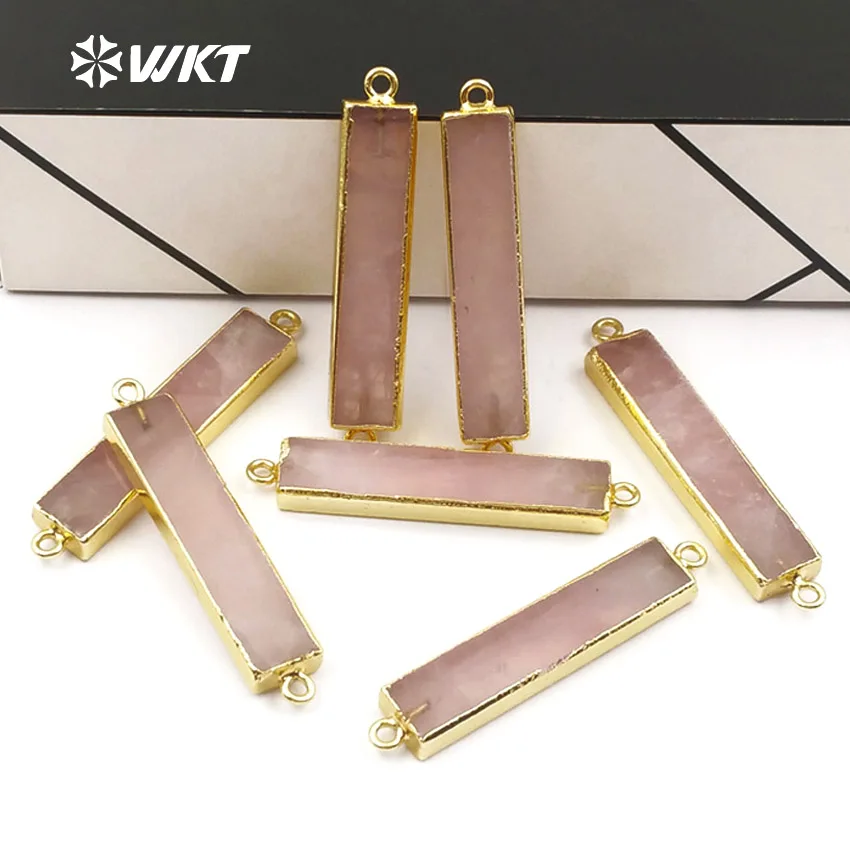 

WT-P1408 Rectangle Shape Natural Pink Quartz Pendant Double Loops With Gold Electroplated Connector For Women Dainty Jewelry