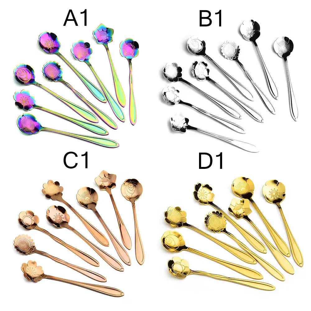 8 шт./компл. кофейная ложка цветок, нержавеющая сталь чайная ложка красочная чайная ложка для домашнего бара смешивающая сахарная ложка 4 цвета
