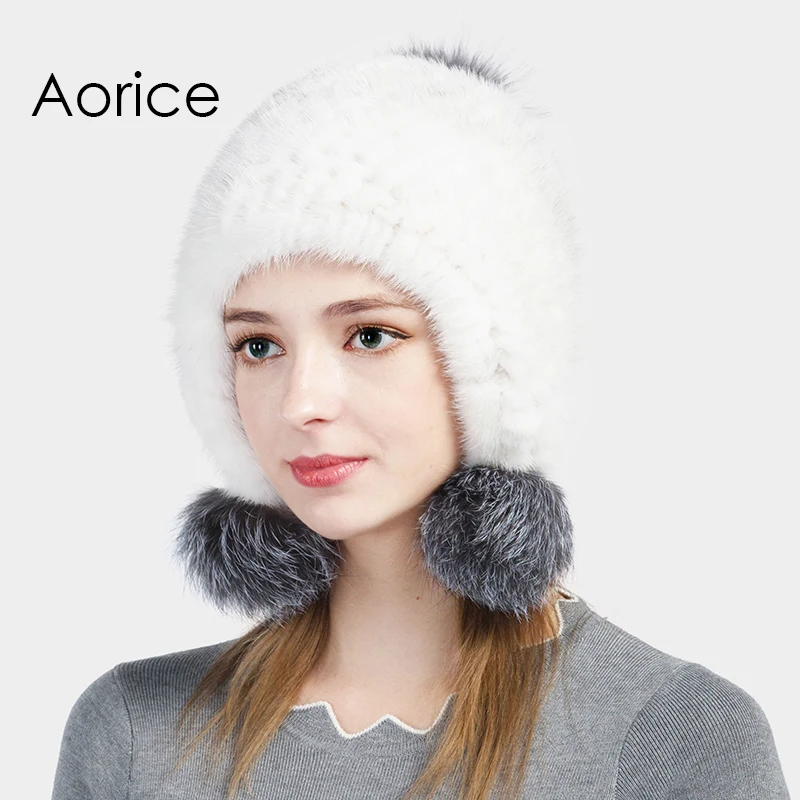 Aorice Новинка 2017 года Для женщин реальные белая вязаная норковая шапка теплые