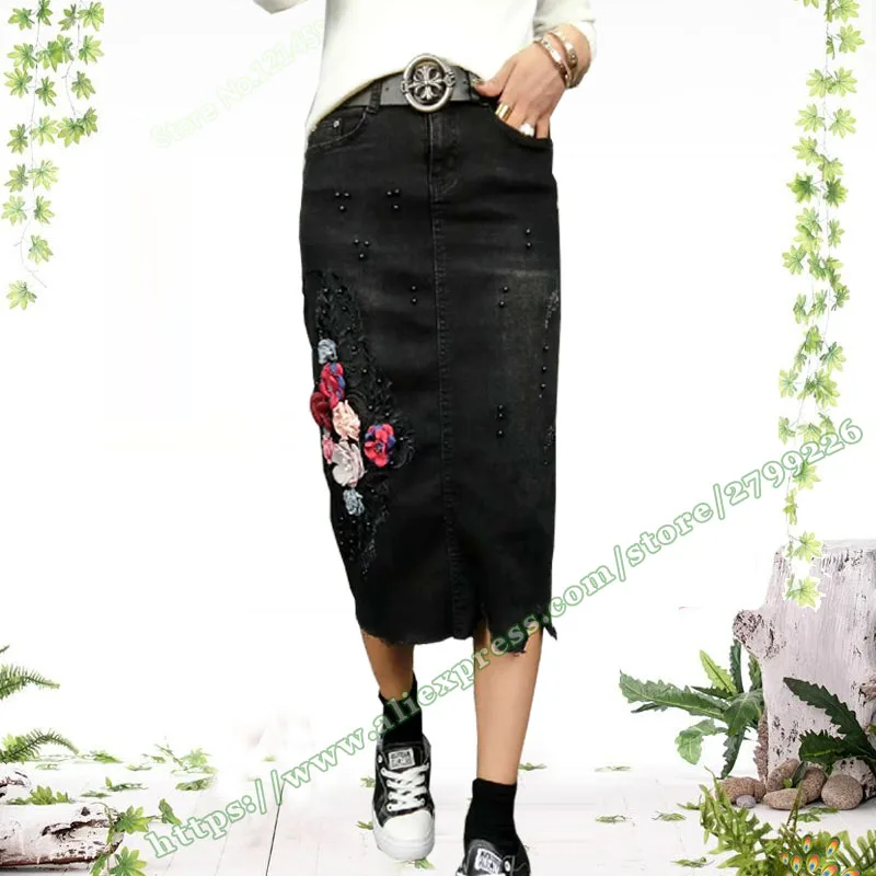 

2019 Spring and Summer Female Fashion New Holes in Jeans Pencil Long skirts Womens Back Denim Midi Skirt Women