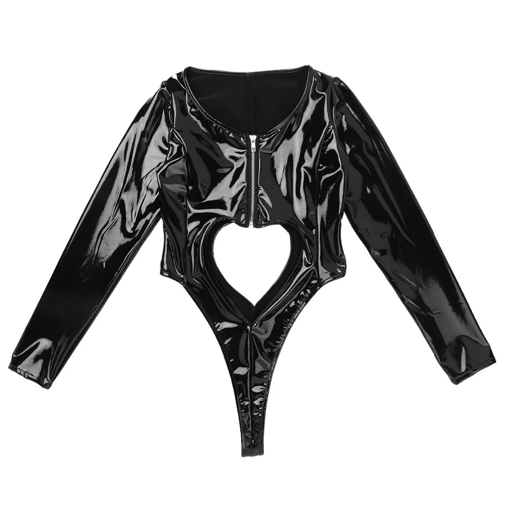 long sleeve bodysuit iEFiEL Womens Wetlook Patent Leather Catsuit Front Zipper Hollow Out High Cut Body Thong Leotard Bodysuit Sexy Night Clubwear short sleeve bodysuit