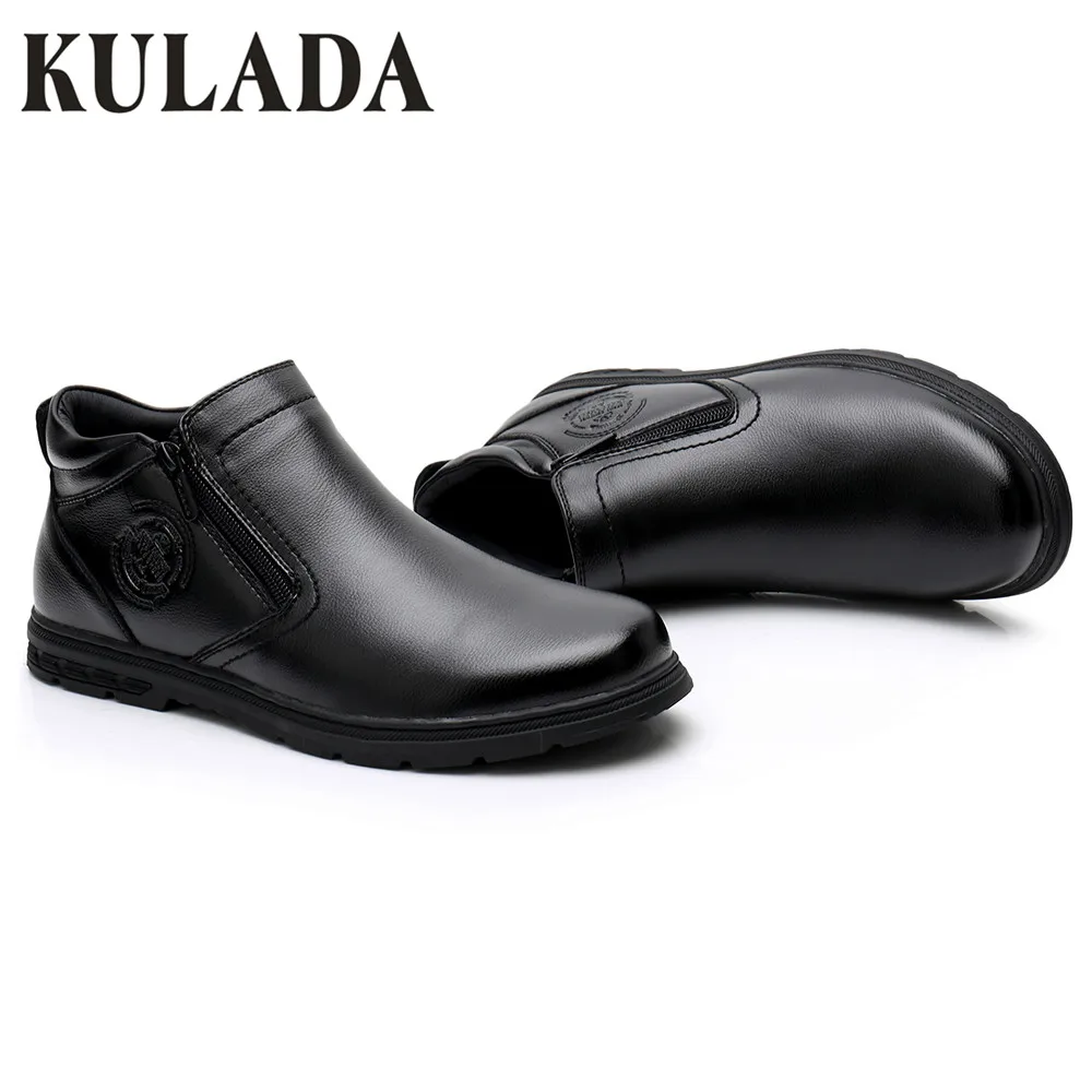 KULADA New Men Boots Zipper Side Leather Boots Spring&Autumn Men Comfortable Casual Warm Waterproof Boots Men's Walking Shoes