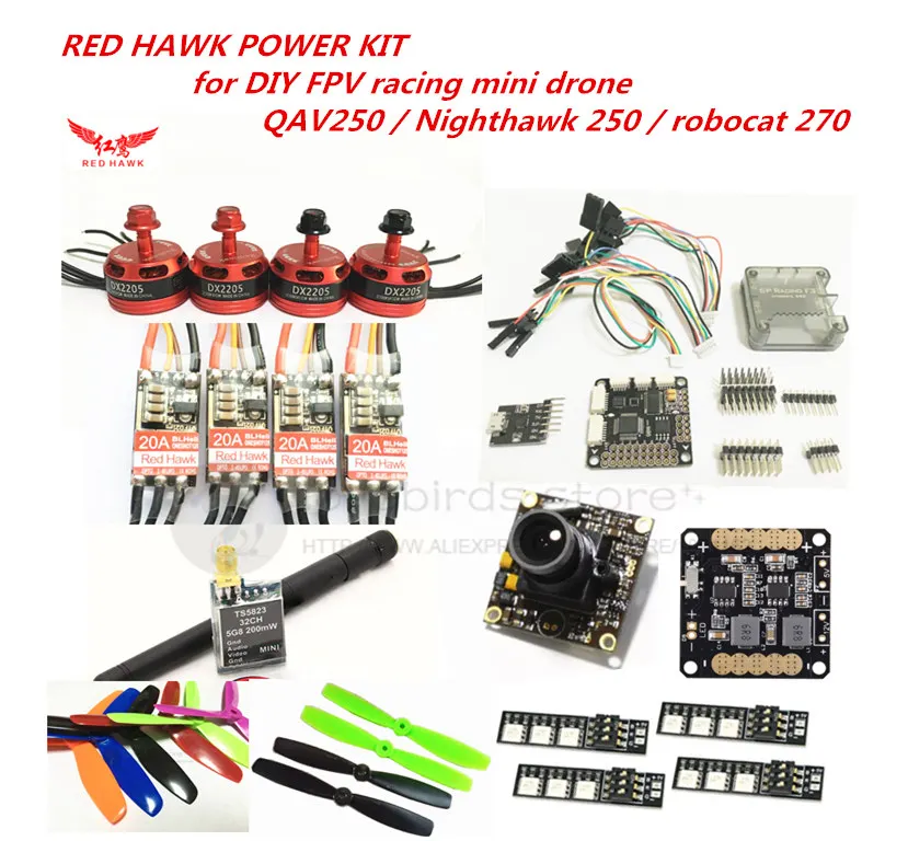 

RED HAWK power kit DX2205 KV2300 motor + BL20A mini ESC + 700TVL camera for DIY FPV mini drone QAV250 Nighthawk 250 Robocat 270