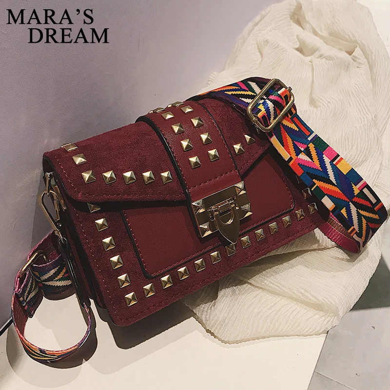 Mara's Dream Women Plap Bags Solid PU Leather Rivets Shoulder Bags Women Colorful Wide Shoulder Strip Handbags Crossbody Bags