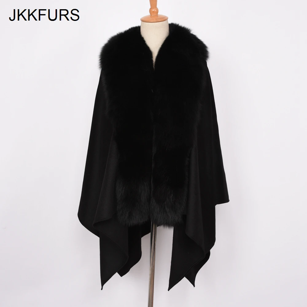 JKKFURS, женское пончо из натурального меха, Воротник из натурального Лисьего меха, отделка и шерсть, кашемир, накидка, модный стиль, зимнее теплое пальто S7357