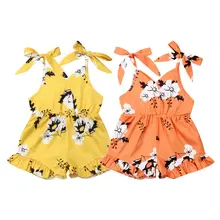 От 1 до 7 лет; Одежда для маленьких девочек; комбинезон с цветочным принтом; комбинезоны для девочек; слинги с принтом; цельнокроеное милое гофрированное платье с широкими штанинами