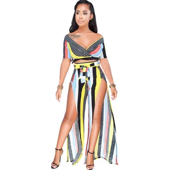 

Sexy Vacation Two Piece Set Women Flower Striped V Neck Crop Top and Side Split Wide Leg Pants Set 2 Piece Matching Outfits Belt