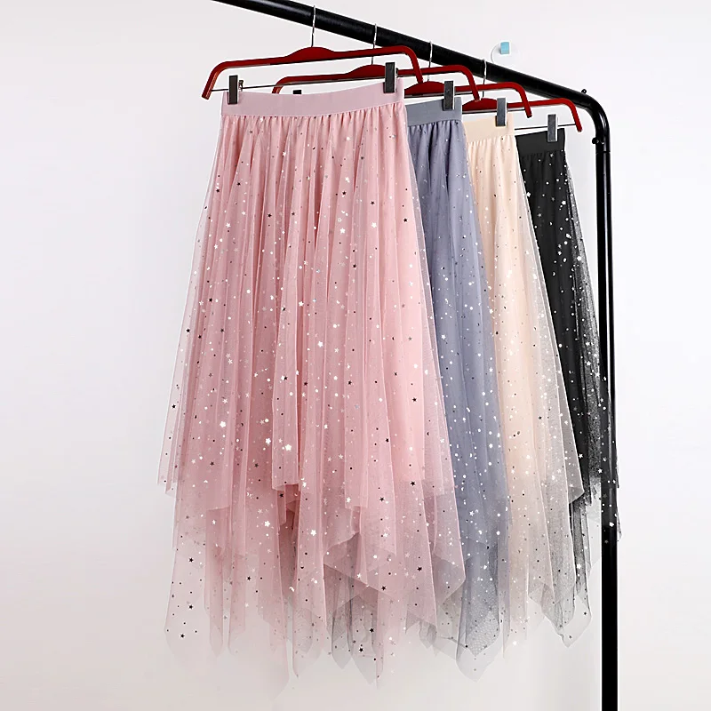 

Autumn New High Waist Slimming Star Sequins Irregular Double Mesh Gauze Skirt A-word Mid-length Skirt