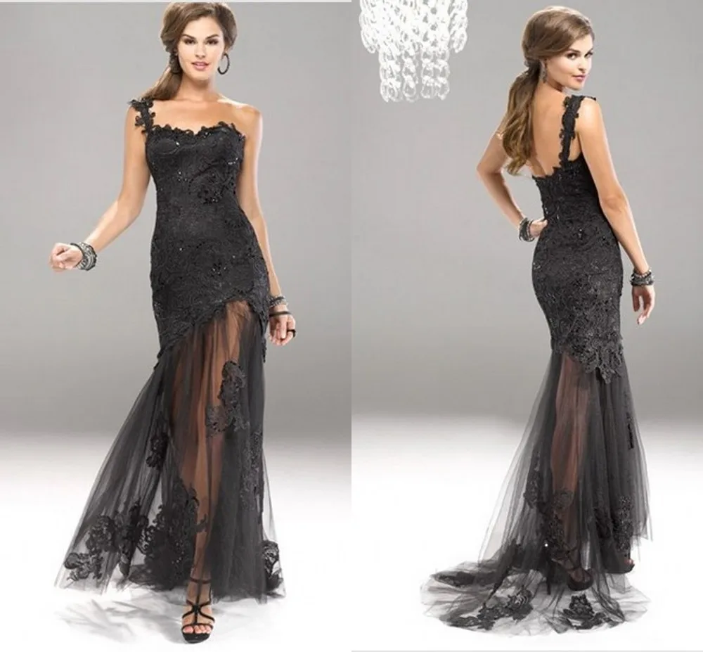 On Sale One Shoulder Sweetheart Black Mermaid Applique Tulle Lace Birthday Party Gown Prom Dresses Evening 2013 | Свадьбы и