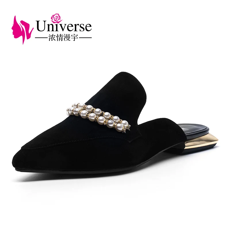 

Universe Women Shoes 2018 Spring Summer crystal pearl Mules Slippers fashion suede leather pointed tow slippers shoes H036