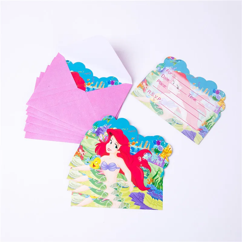 Милая Русалочка Ариэль для девочек, детская декоративная бумага для вечеринок, салфетки, баннер, скатерть, стакан с соломинкой, тарелки, принадлежности для дня рождения - Цвет: Inviting card 6 pcs