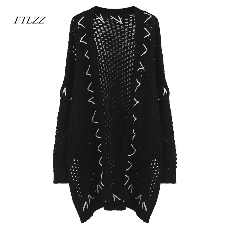 FTLZZ Autumn New Casual All-match Loose Manual Wear Rope Hit Color Medium Length Knitting Cardigans Sweater Coat Woman |