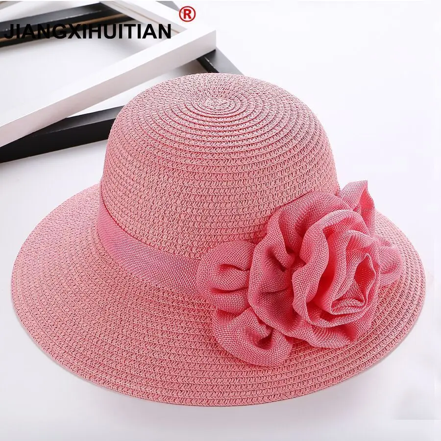 الأزياء زهرة امرأة قبعات للحماية من الشمس طوي قبعة من القش بحافة عريضة الإناث عارضة الظل قبعة المرأة الصيف شاطئ كاب المضادة للأشعة فوق البنف...