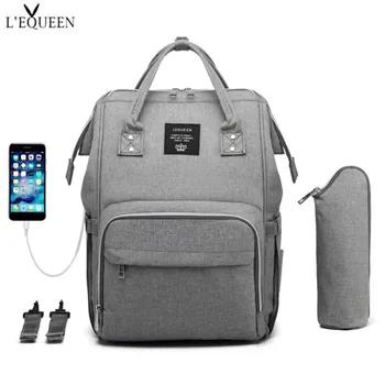 

Lequeen USB Pure Color Baby Diaper Bags Large Capacity Mummy Maternity Nappy Bag Travel Backpack Designer Nursing Bag Organizer