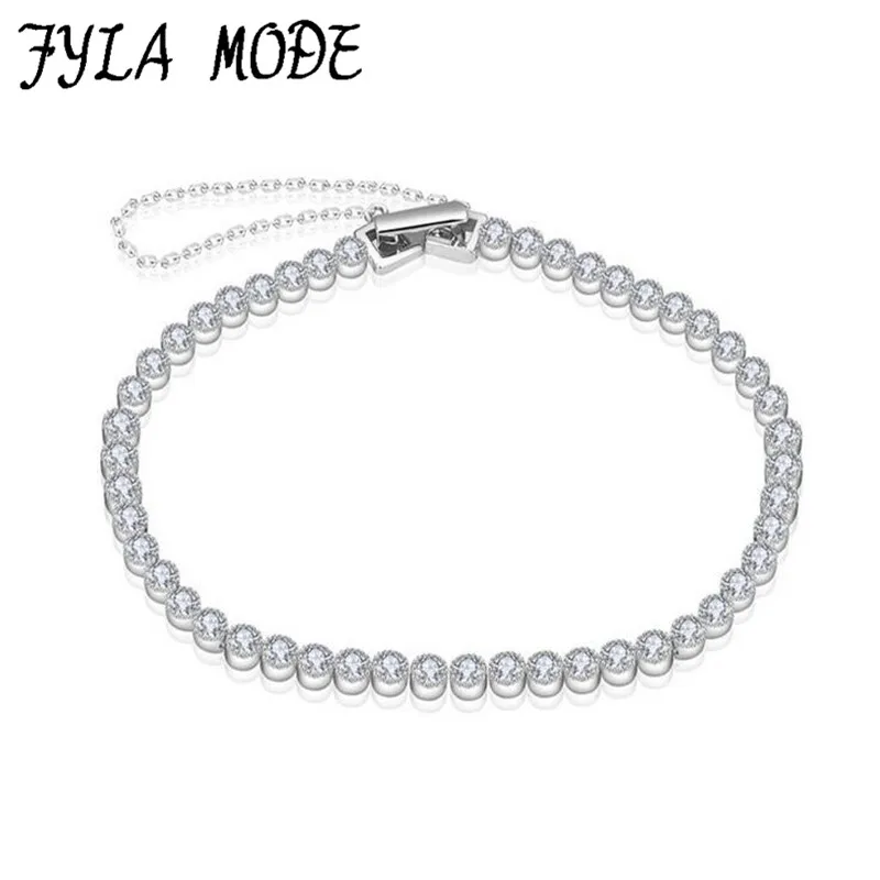 

Fyla Mode New 925 Sterling Silver Charms Bracelet 3mm Round Cubic Zircon Bracelets & Bangles Women Wedding Jewelry Party Gift