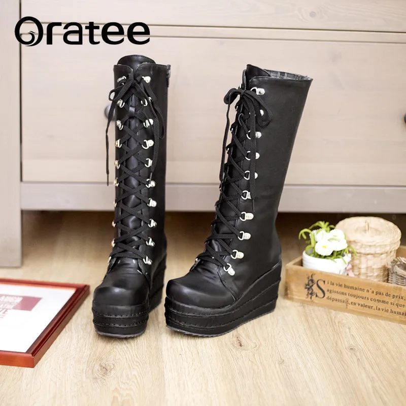 

Fashion Black Martin Boots Women Spring Autumn Lace-up Soft Leather Platform Shoes Woman Party Ankle Boots High Heels