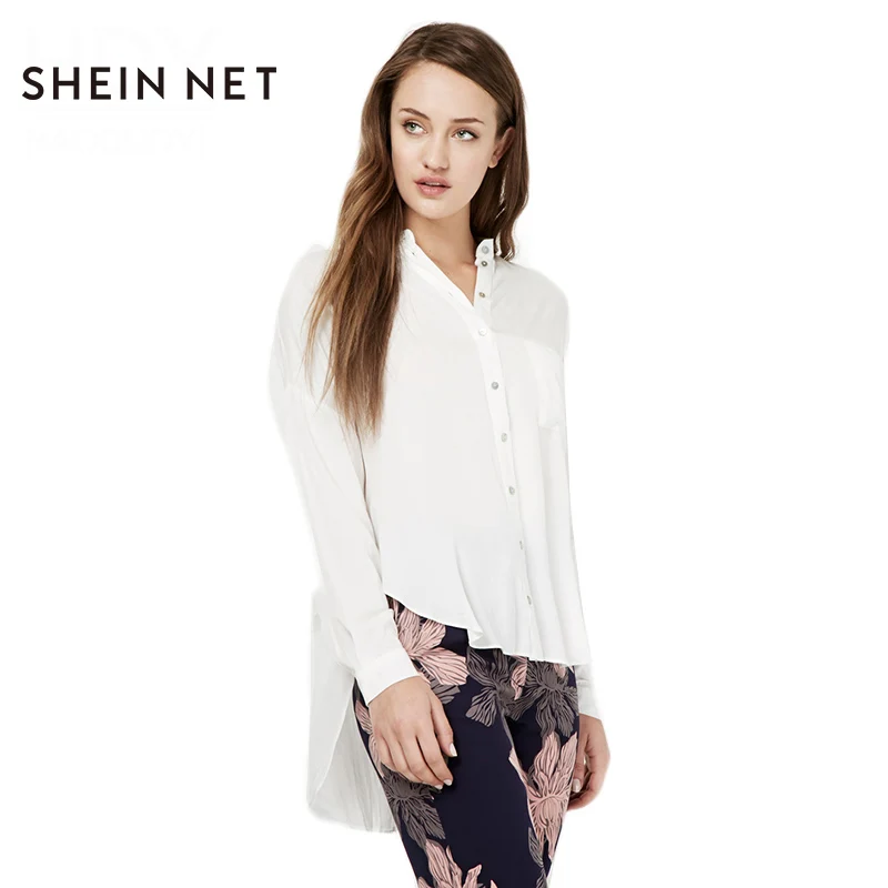 Sheinnet Solid V Neck Single Button Women Shirts High Low