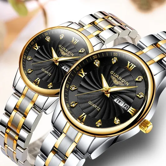 GUANQIN парные часы, набор для мужчин и женщин, часы для влюбленных, нержавеющая сталь, дата, роскошные золотые кварцевые часы, женские часы, женские наручные часы - Цвет: gold black