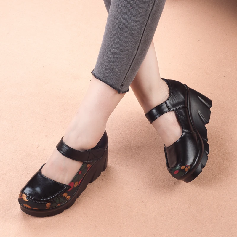 Genuine leather Wedges Women's shoes Spring Autumn Platform Women Pumps Hook&Loop Mary Janes Shoes Woman Casual Mom Leather shoe