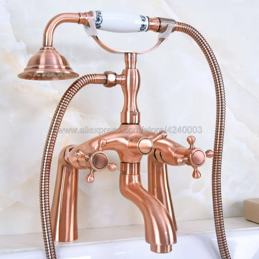 Antique Red Copper Bathtub Faucet Deck Mount With Handheld Shower