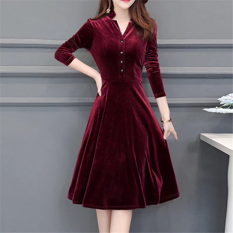 

Elegant Velvet Dress Winter V-neck Dresses Retro Women 2018 Autumn Long Sleeve Ladies Office Dress Vestidos Robe Plus Size