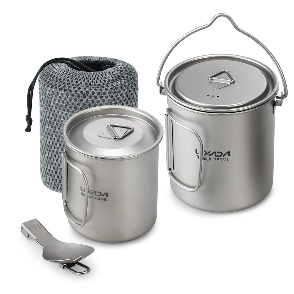 

Lixada Outdoor Titanium Tableware 750ml Pot 420ml Water Mug Cup with Lid Handle Folding Spork for Camping Picnic Hiking Travel