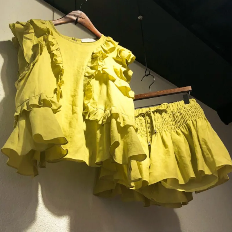 

Summer 2 Pieces Set Women Ruffles Sleeveless T Shirt Elastic Skirt Shorts Sets Korean Loose Tracksuits Ladies Outfits