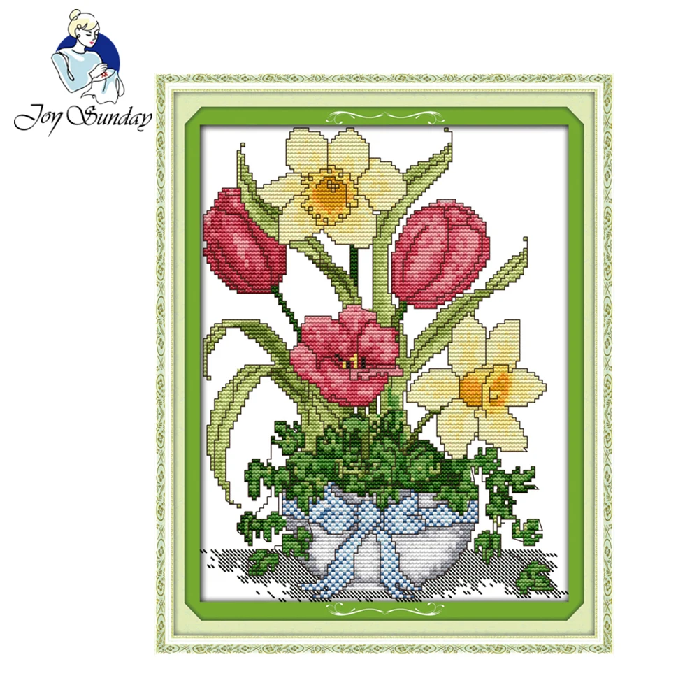 Joy Sunday Spring flower vase Cross stitch DIY Handcraft Needlepoint