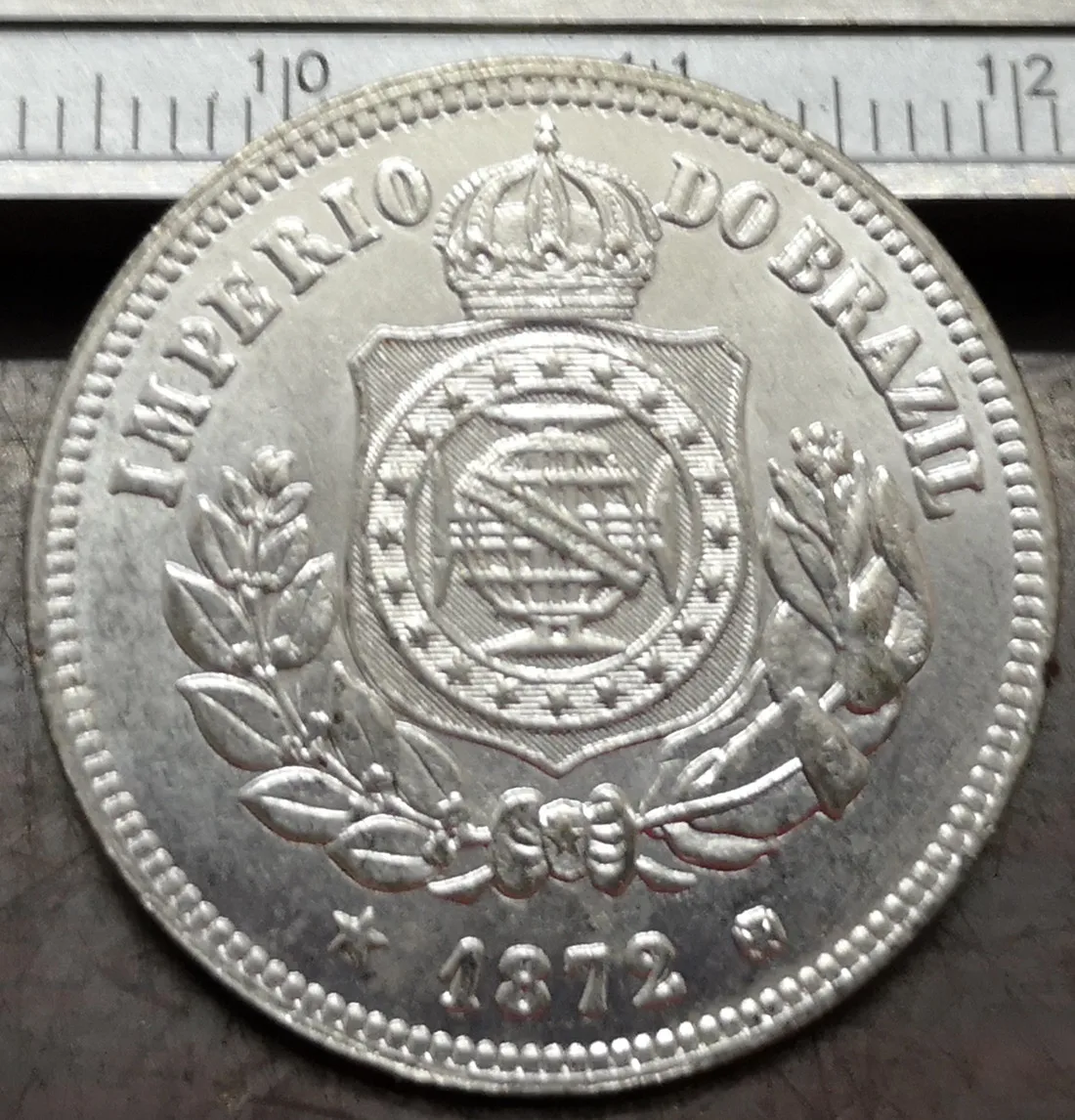 1872 Бразилия 100 Reis-Pedro II Посеребренная Имитация монеты UNC