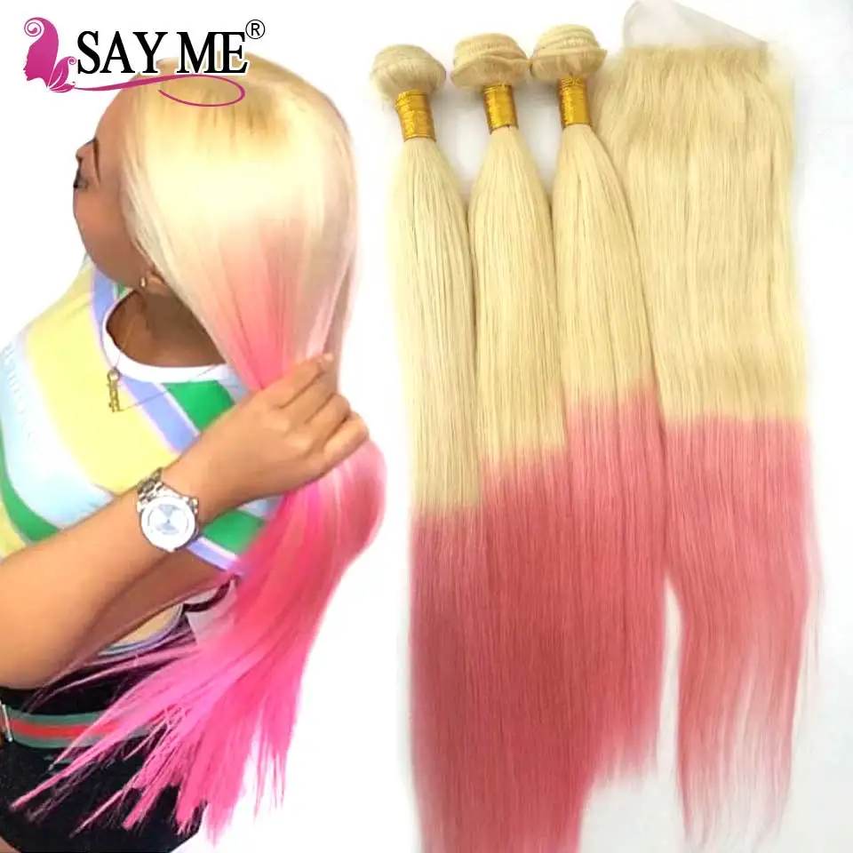 613 Pink Ombre Blonde Peruvian Straight Human Hair Bundles With