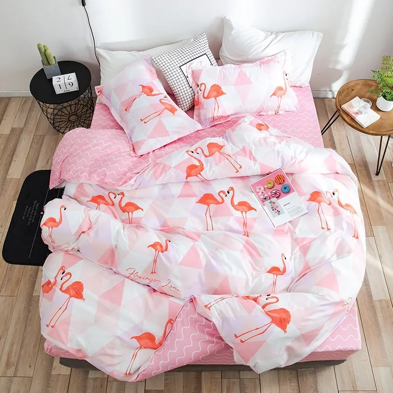 Стильный комплект постельного белья с изображением красного фламинго, геометрический принт, пододеяльник, волнистый дизайн, простыня, наволочка, подарок на год для девочек, для детей 3/4 шт - Цвет: bird