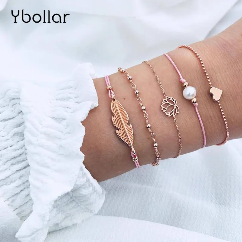 

5pcs/Set Pink Rope Gold Chain Bracelets Bohemian Women Charm Heart Lotus Flower Leaf Bead Bracelet Set Bangles Jewelry Gift