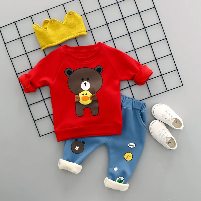 Одежда для маленьких мальчиков новые комплекты детской одежды зимняя футболка с длинными рукавами и рисунком медведя для мальчиков+ джинсы флисовый комплект одежды для новорожденных - Цвет: Red without Scarf