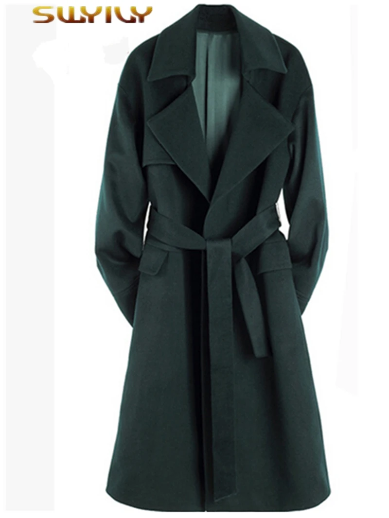Women Dark Green Wool Coat Plus size Long design Turn Down Collar with