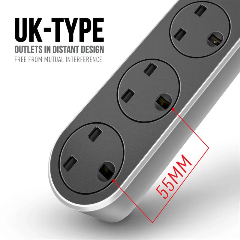 Удлинитель PLYMOTON 2500 Вт с 3 розетками переменного тока USB портами|Удлинители