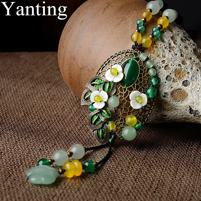 

Yanting Long Sweater Necklace Delicate Boho Necklaces For Women Natural Green Stone Aventurine Shell Flower Vintage Necklace 038