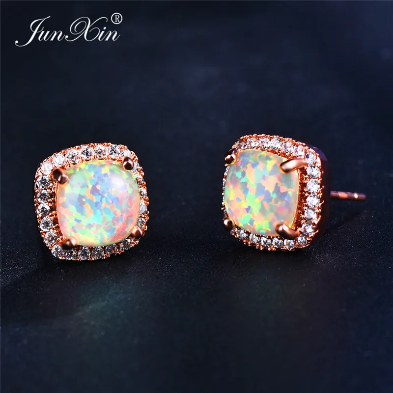 Boho Women Ladies White Fire Opal Earrings 18KT Rose Gold Filled Jewelry Vintage Double Zircon Wedding Stud Earrings