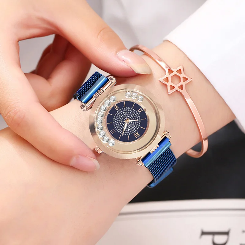 

New Drop Shipping Fashion Women Quartz Blue Watch Luxury Brand Women's Mobile Rhinestone Wristwatches Ladies Magnetic Clock GIft