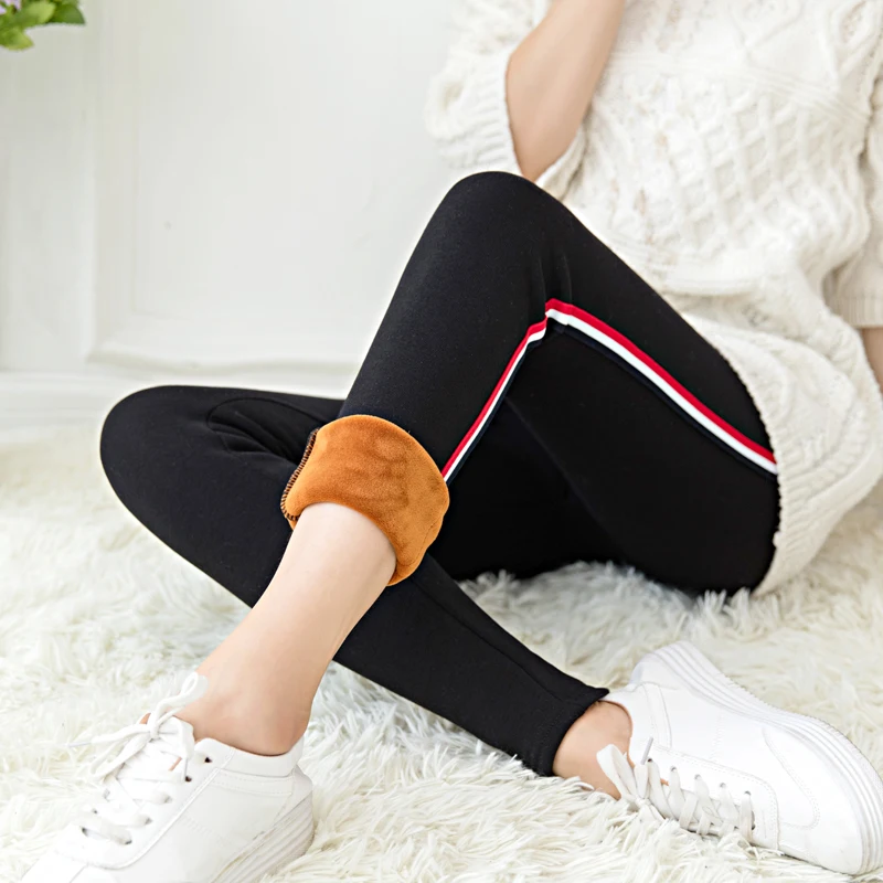 Online WKOUD Inverno Leggings Per Le Donne A Vita Alta Stretch Legging Caldo Lato A Righe Patchwork Addensare Pantaloni Della Matita Caldo Pantaloni P663