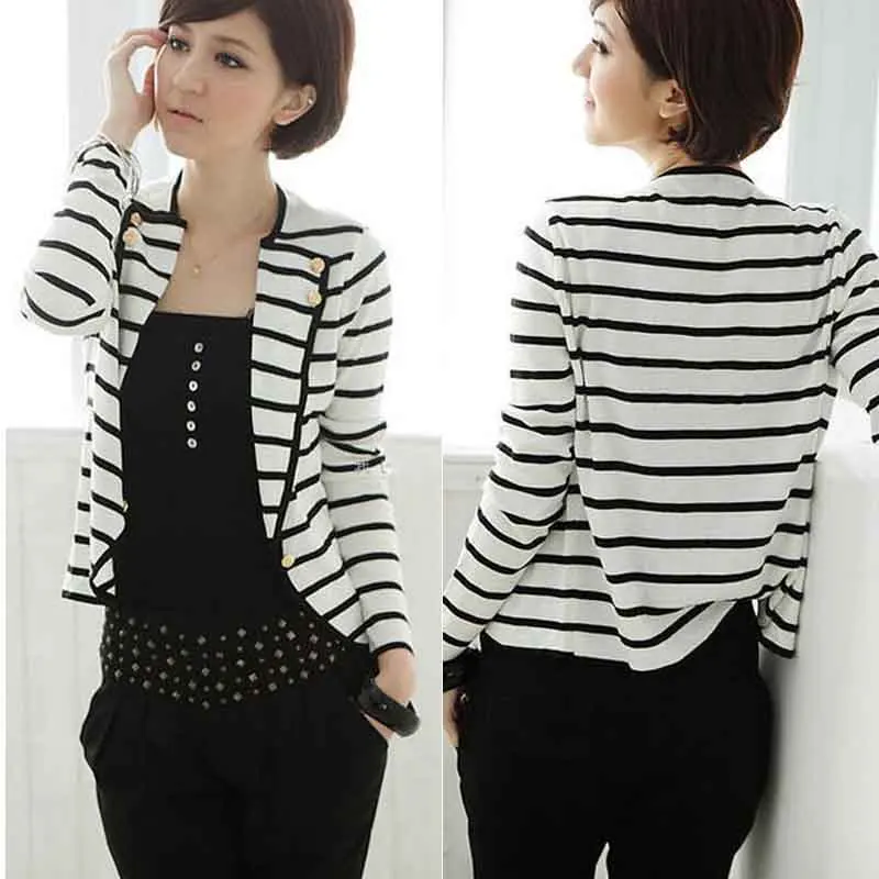 2018 Fashion European & American Style Coat Retro Print Black and White Stripe Jacket Women Women OL Slim Outwear 2018 Fashion European & American Style Coat Retro Print Black and White Stripe Jacket Women Women OL Slim Outwear