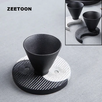 

1 Pair Zen Japanese Coarse Pottery Coasters Taiji Gossip Teapots Cup Saucer Holder Creative Kung Fu Tea Set Ceramic Home Decor