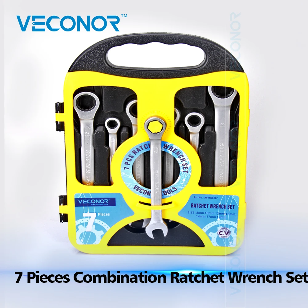 8-19mm 7PCS Ratchet Wrench Set of Keys Tools Combination Spanner Dull Polish CRV Steel High Torque With Inserted-designed Case