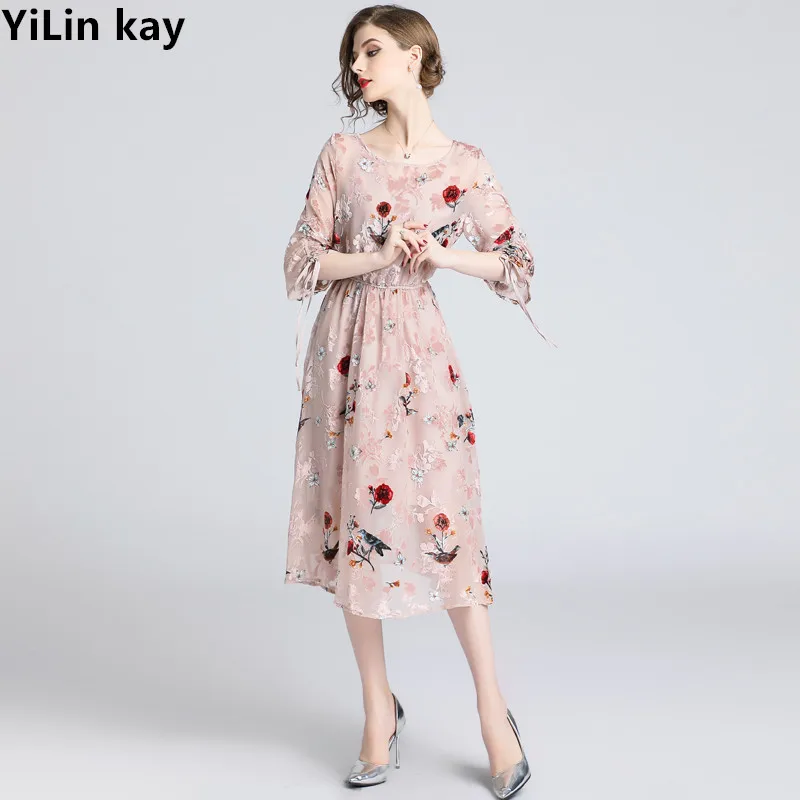 YiLin kay Высокое качество летние роскошные взлетно посадочной полосы для женщин платья с круглым вырезом моды элегантное праздничное платье