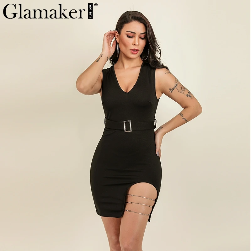 

Glamaker Belt black knitted party dress Vintage short 2019 summer dress Sleeeve v-neck hollow out women dress vestidos de fiesta