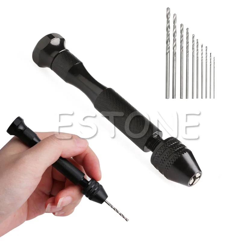 

Hot Micro Aluminum Hand Drill Keyless Chuck + 10pcs Twist Drills Rotary Tools