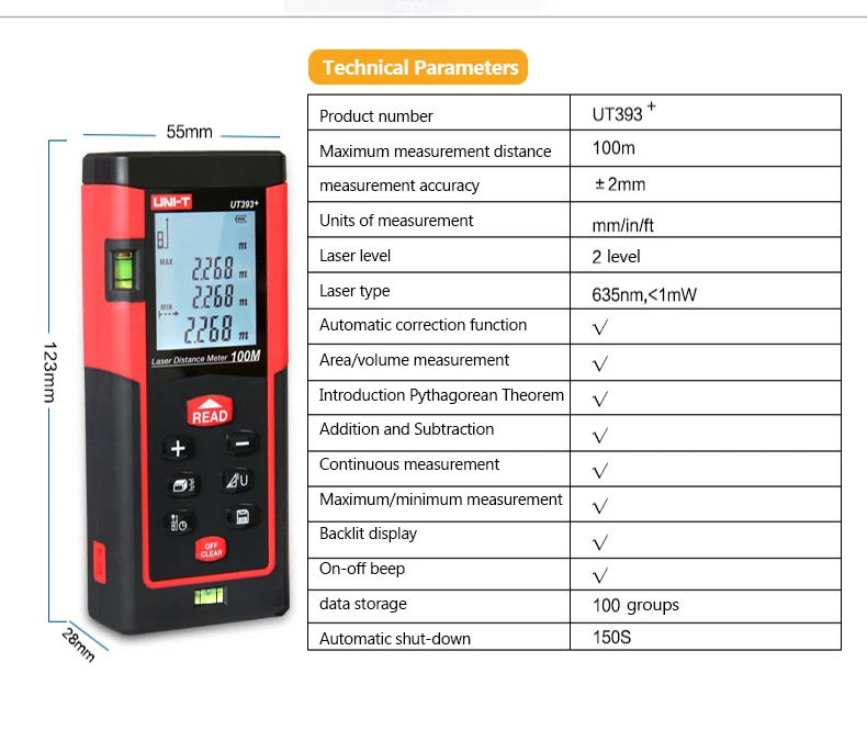 UNI-T UT393+ 100 м высокоточный лазерный дальномер многофункциональный прибор для измерения расстояния горизонтальный с пузырем хранение данных