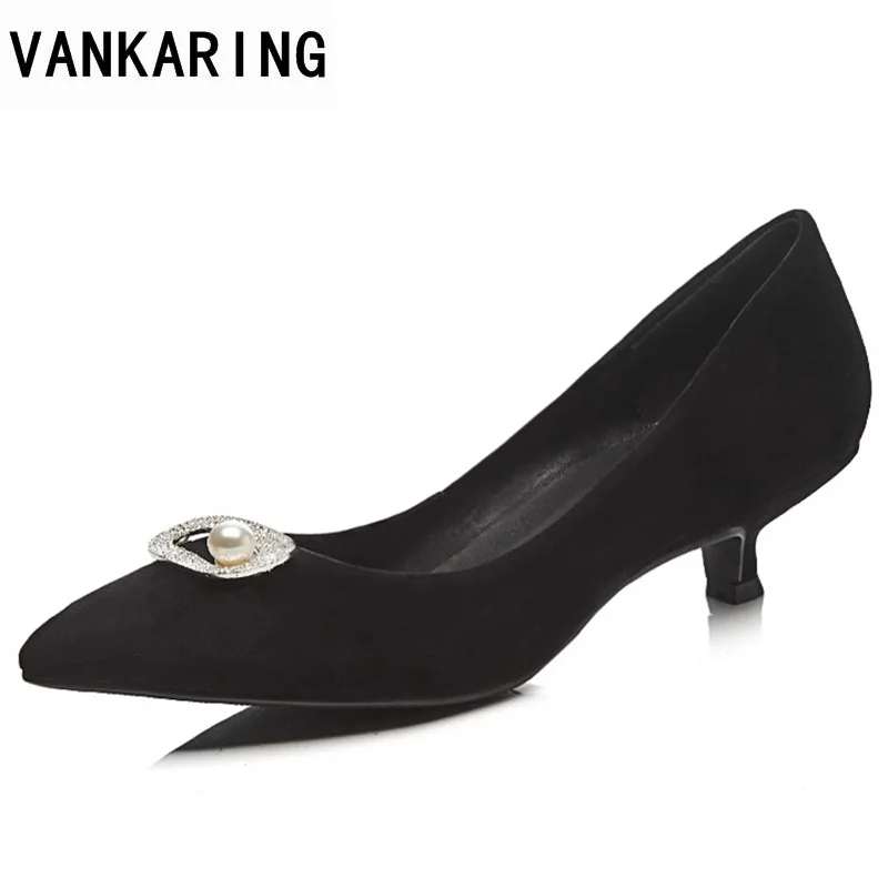 

VANKARING newset scrub leather women shoes middle heels pointed toe black platform shoes ladies office dress party pumps women