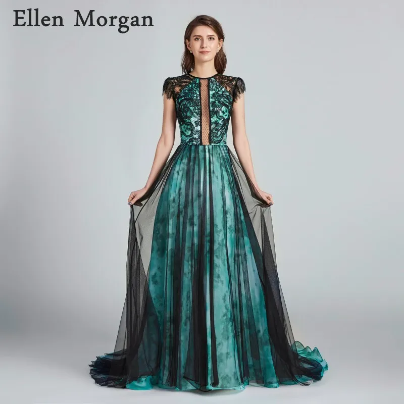 

Sexy See Through Long Evening Dresses 2019 Boat Neck A line Cap Sleeve Floor Length Court Train Contrast Color Lace Prom Gowns