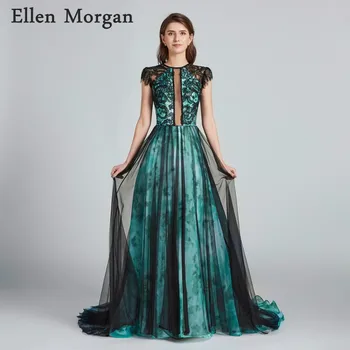 

Sexy See Through Long Evening Dresses 2019 Boat Neck A line Cap Sleeve Floor Length Court Train Contrast Color Lace Prom Gowns