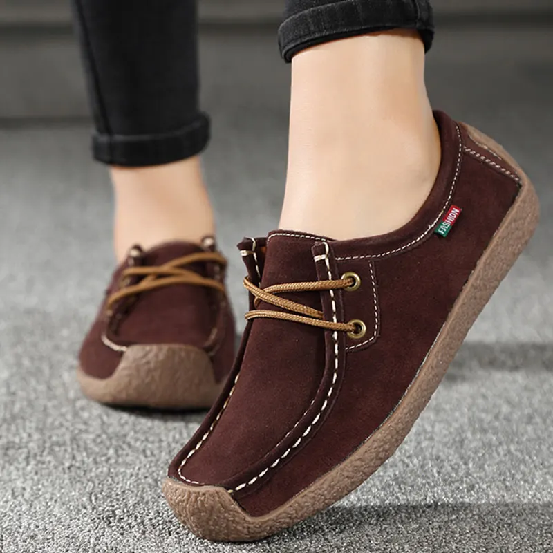 Women Genuine Leather Flats Lace Up Loafers Moccasins Round Toe ...